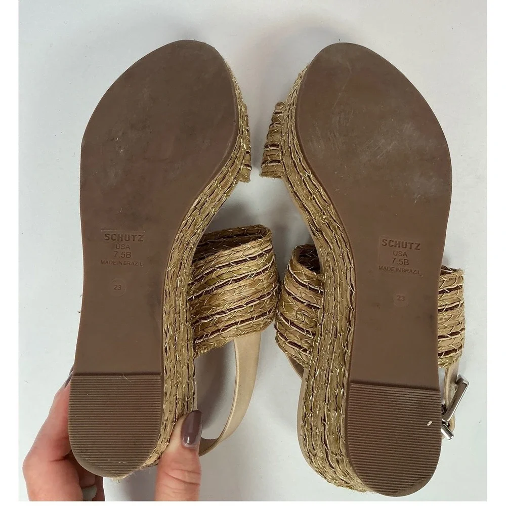 Schutz Womens 7.5B Gold Woven Straw Platform Wedge Slingback‎ Sandals Brazil